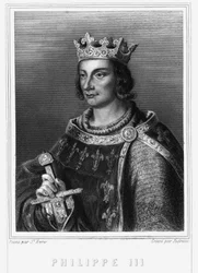 Portrait of King Philip III of France, known as Philip the Hardi (1245-1285) (Capetian dynasty). Philippe III, King of France. Philip III the Bold (1245-1285) - in “” Histoire des Français”” by Lavallée, engraving, sd.