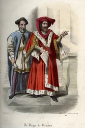 Portrait of Leonardo Loredan (Loredano) (1436-1521), doge of the Republic of Venice. Engraving from 1842 in “Histoire des popes”” by Maurice Lachatre. Private collection.