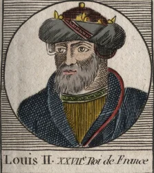 Portrett av Louis II the Begue or the Lazy (846 - 879), Kongen av Francs - Louis II Stammeren 848 til 879 - gravering fra "Instruction on the History of France"" av Charles Constant Le Tellier