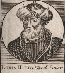 Portrett av Louis II the Begue or the Lazy (846 - 879), Kongen av Francs - Louis II Stammeren 848 til 879 - gravering fra "Instruction on the History of France"" av Charles Constant Le Tellier