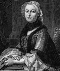 Portrett av Madame Geoffrin, født Marie Therese (Marie-Therese) Rodet (1699-1777) - Gravering av 1862 i "" The Queens of the World"" av våre første forfattere, bok utgitt under ledelse av Jean Germain Desire Armandaud