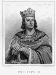 Portrett av Filip II sa Philippe Auguste (1165-1223), konge av Frankrike - i "Histoire des Français"" av Lavallée, gravering, sd.