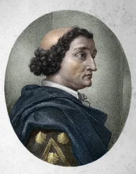 Portrett av Philippe de Commines (Comynes eller Comines) (1447-1511), fransk spaltist. Gravering fra 1800-tallet.