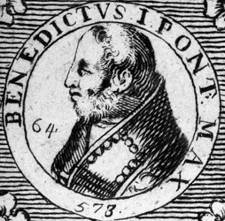 Portrett av pave Benedikt I. Gravering av det 19. århundre.