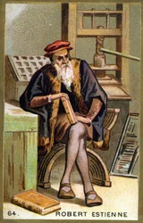 Portrett av Robert I Estienne (1498 - 1559) humanist, forlegger og trykker. Kromolitografi fra 1800-tallet.