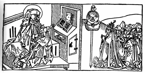 Portrett av den hellige Brigitte av Sverige (1103 - 1373). Gravering fra «Leben der Heiligen - sommerteil» (Helgenens bok) av Jacobus (James) av Voragine (1228-1298). Lübeck 1488.