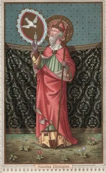 Portrett av Saint Remi (437-533) (Saint Remigius, Remy Remigio) besøk av Den Hellige Ånds due (Den Hellige Ånd). Kromolitografi fra slutten av 1800-tallet.