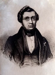 Portrett av den engelske komponisten Adolphe Adam (1803-1856) Gravering. Bologna fra 1800-tallet, civico museo bibliografico