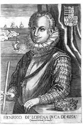 Portrett av hertugen av Guise (Henry I av Lorraine, kjent som Scalafre (1550 - 1588)). Gravering fra 1600-tallet.