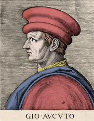 Portrett av den engelske leiesoldaten og kondottieren John Hawkwood (Jean Haccoude eller Giovanni Acuto) (1320-1394) Xylografi fra 1500-tallet