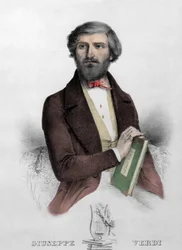 Portrett av den italienske komponisten Giuseppe Verdi (1813 - 1901) med partituret for "" i Due Foscari"" Gravering fra 1844.