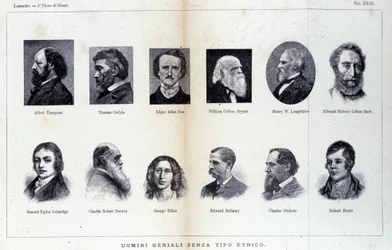 Portretter av forskjellige geniale menn. Studie publisert i ""The man of genius"" av Cesare Lombroso (1835-1909)