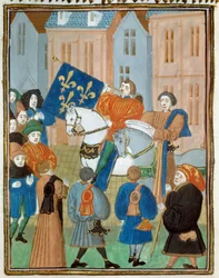 Fredserklæring i Reims 2. oktober 1435 etter undertegnelsen av Arras-traktaten mellom kong Charles VII og hertugen av Burgund Filip III den gode som avsluttet borgerkrigen mellom Armagnacs og burgunderne. Miniatyr fra "" Kings and quee
