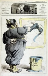 Prøyssisk soldat som sporer grensene til Alsace-Lorraine til det blå Preussen (referanse til annekteringen av regionen ved krigen i 1870) - i "" L