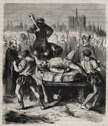 Straffen av François Ravaillac (1578-1610), morderen av kong Henrik IV (1553-1610), på Place de Grève i Paris i 1610 - Gravering fra 1879 i «Histoire des sociétés secrètes, politiques et religieuses» av Pierre Zaccone (1817-1895)