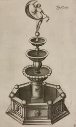 Pyroteknisk fontene som skjuler fyrverkerisystem inni, gravering fra Grand Art d#39;Artillerie, av Casimir Siemienowicz