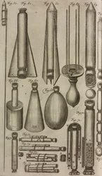 Pyrotekniske raketter og instrumenter, gravering fra Grand Art d#39;Artillerie, av Casimir Siemienowicz