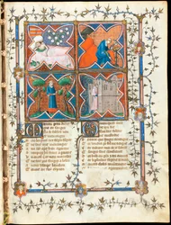 ""Fire menn opptatt med forskjellige aktiviteter"" opplyst side fra manuskriptet ""Le Roman de la Rose"" av Guillaume de Lorris (rundt 1200-1238) og Jean de Meun (Meung) (1240-1305) rundt 1353 Sveits, Genève bibliotek