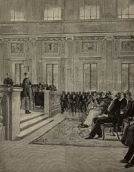 Dronning Margherita av Savoy (1851-1926) deltar på en konsert på Istituto dei ciechi, Milano, Italia, tegning av EX fra L#39;Illustrazione Italiana, år XXI, nr. 20, 20. mai