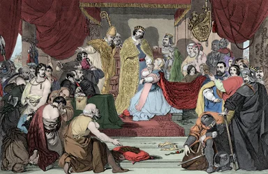 Dronning Philippa går i forbønn til Edward III for livene til borgerne i Calais - Dronningen av Angeleterre Philippa av Hainaut (1314-1369), talsmann for borgerskapet i Calais før ektemannen kong Edward III