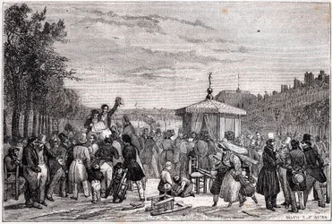 Lesing av kjennelsene publisert i avisen Moniteur i hagen til det kongelige slott i Paris 26. juli 1830 under borgerkrig - revolusjon 1830 -