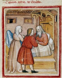 Rebecca tar med seg sønnen Jacob, som broren Esau truer med å drepe, foran mannen Isak for å ta bort hans miniatyrvelsignelse fra Codex 212 (eller Padovano eller Bible of Padua) 1390-1400 Rovigo, Accademia dei Concordi