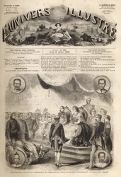 Mottakelse av siamesiske ambassadører av keiser Napoleon III og keiserinne Eugenie ved Palace of Fontainebleau, 27. juni 1861 - "Reception des ambassadeurs du Siam par Napoleon III et l'imperatrice Eugenie": I den store ballsalen Henri II du 