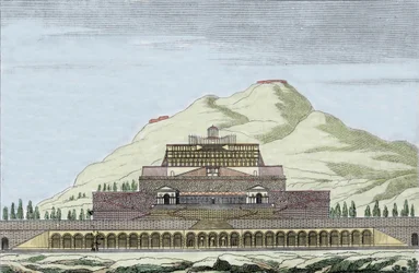 Gjenoppbygging av tempelet Fortuna (tilfeldighetens romerske guddom) i Palestrina, Italia. Gravering fra 1800-tallet