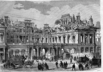 Reconstruction works of the Royal Palace (Palais-Royal) in Paris. Engraving in “” L