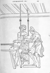 Reduksjon av brudd. Plate illustrert av "Disseksjonen av menneskekroppen i tre deler..." av Carlo Stefano Riverio, Paris 1545