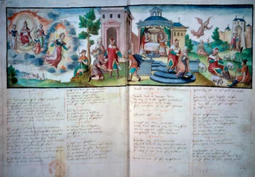 Religiøst teater: "" Passion and Resurrection"" spilt i Valenciennes i 1547. Manuskriptside med akvarell, Paris, B.N.