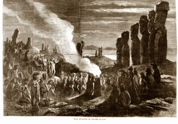 Religiøs seremoni på Påskeøya (Rapa Nui), Polynesia. 1800-talls gravering.