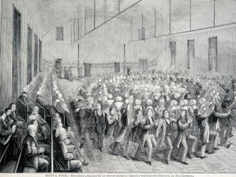 Religiøs prosesjon av Shakers i New York. 1800-tallsillustrasjon.
