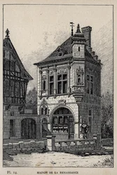 Renessansehus - gravering av 1889 i "History of human habitation at the Universal Exhibition of 1889, by Mr Charles GARNIER - Librairie centrale des beaux-arts Paris 1889