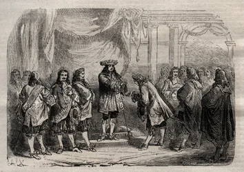 Rene Duguay Trouin (Duguay-Trouin) (Rene Trouin du Gue dit) (1673-1736) mottar Saint-Louis kors fra hendene til kong Louis XIV - gravering i "" Dictionnaire populaire illustrious" - 1864 - av Joseph Decembre og Edmond Allonier -