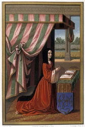 Fremstilling av Anne de France, kjent som Anne de Beaujeu (1461-1522), i bønn. Hun er datter av Ludvig XI og Charlotte av Savoia. Kromolitografi etter en illuminasjon.