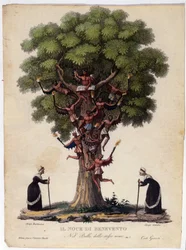 Representasjon av Benevent-valnøtt, hekser og demoner fra legenden som inspirerte balletten «Il noce di Benevento»» av den østerrikske komponisten Franz Xaver Sussmayr (1766-1803). Illustrasjon av 1800-tallet