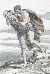 Representasjon av Kronos (Kronos) som fortærer et av barna sine (Kronos som fortærer et av barna sine). Gravering fra «Mine vakre mytologiske fortellinger» av HS Bres, privat samling fra begynnelsen av 1900-tallet.