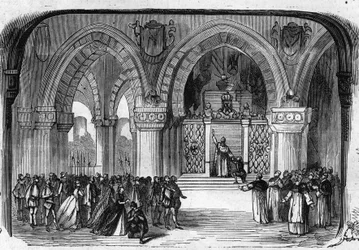 Representation of Don Carlo (Don Carlos) Opera in 5 acts by Giuseppe Verdi at the Paris Opera on 11 March 1867. Scene of the 5th act: Monastery of St. Juste, apparition of Charles V. Engraving from 1867.