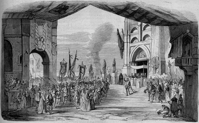 Representasjon av Don Carlo (Don Carlos) Opera i 5 akter av Giuseppe Verdi ved Paris Opera 11. mars 1867. The car da fe, 3. akt, dekor av Cambon og Thierry. Gravering fra 1867.