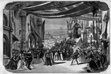 Representasjon av Don Carlo (Don Carlos) Opera i 5 akter av Giuseppe Verdi ved Paris Opera 11. mars 1867. I Neuvilles tegning tredje akt, fjerde maleri, scene IX.