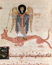 Representasjon av erkeengelen Saint Michael og dragen Miniatyr fra en gradvis antifonær (tropair) (ms. 65) Plaisance fra 1100-tallet, Biblioteca Capitolare