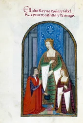 Representasjon av dronningen av Spania Isabella den katolske (1451-1504), hennes datter Jeanne Iere the Folle (1479-1555) og Pedro Marcuello. Manuskriptside hentet fra "" Collection of devotion of Queen Joan the Folle (1479-1555) of Spain"" av Pedro Mar
