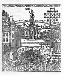 Representasjon av antikkens syv underverker: Mausolee of Halicarnassus som lå ved Egeerhavet i det sørvestlige Tyrkia. Gravering i "" de Architectura""" av Vitruva (1. århundre f.Kr.) - utgave av Gottardo da Ponte, Come