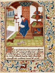 Representasjon av forfatteren som skriver på kontoret sitt Miniatyr fra "Flowers of all dyder" eller "Rosary of virtues"" (Ms 291) 1460 Musee Conde, Chantilly