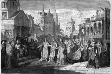 Representasjon av den romantiske operaen "" Lohengrin"" av Richard Wagner (1813-1883), akt II siste scene, ved Det Kongelige Teater i München, Tyskland. Gravering i "The Illustrous Universe"