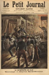 Redning ved Saint Saviour Hospital i Lille eller en brann herjet de tre eldste monumentene i byen, kirken, det gamle tårnet og sykehuset. Gravering i "" Le petit journal"" 12.04.1896. Selvas samling.