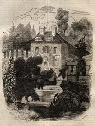 Residens til Rousseau på øya Saint-Pierre (St. Petersinsel) Bern - Sveits - Illustrasjon til "" Confessions" av Jean-Jacques (Jean Jacques) Rousseau (1712-1778) - gravering av 1849