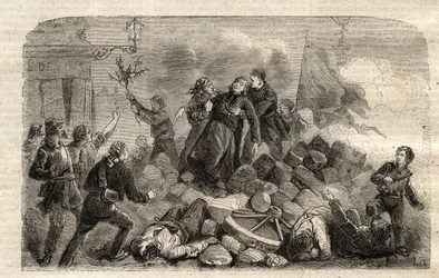 Revolution 1848: “” The Archeveque Monsignor Denis Affre (1793-1848) on the Barricade Faubourg Saint Antoine in Paris 26/06/1848 (Do o mon dieu que mon sang soit le dernier verse) (Death Denis Affre Archbishop of Paris of the barricade at the entrance to t