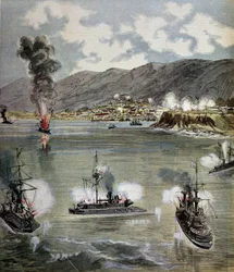 Revolusjon i Chile: angrepet på Valparaiso i 1891. Illustrasjon hentet fra "" Supplement illustrerer du Pepetit journal""" 1891. Paris, B.N.